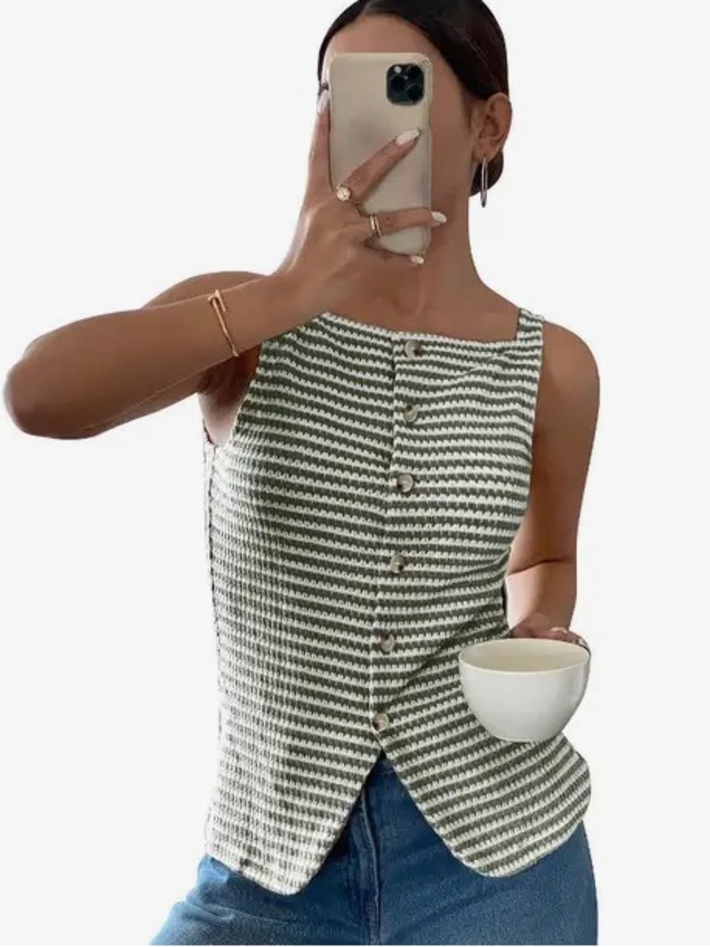 Striped Knit Button-Front Tank Top vest Top- Green/White